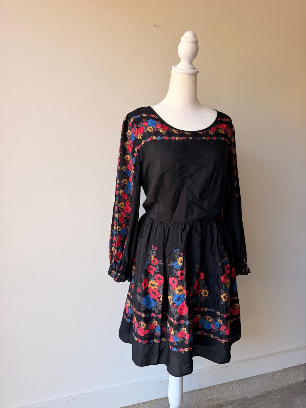 Free People Black Long Sleeve Floral Embroidered Dress